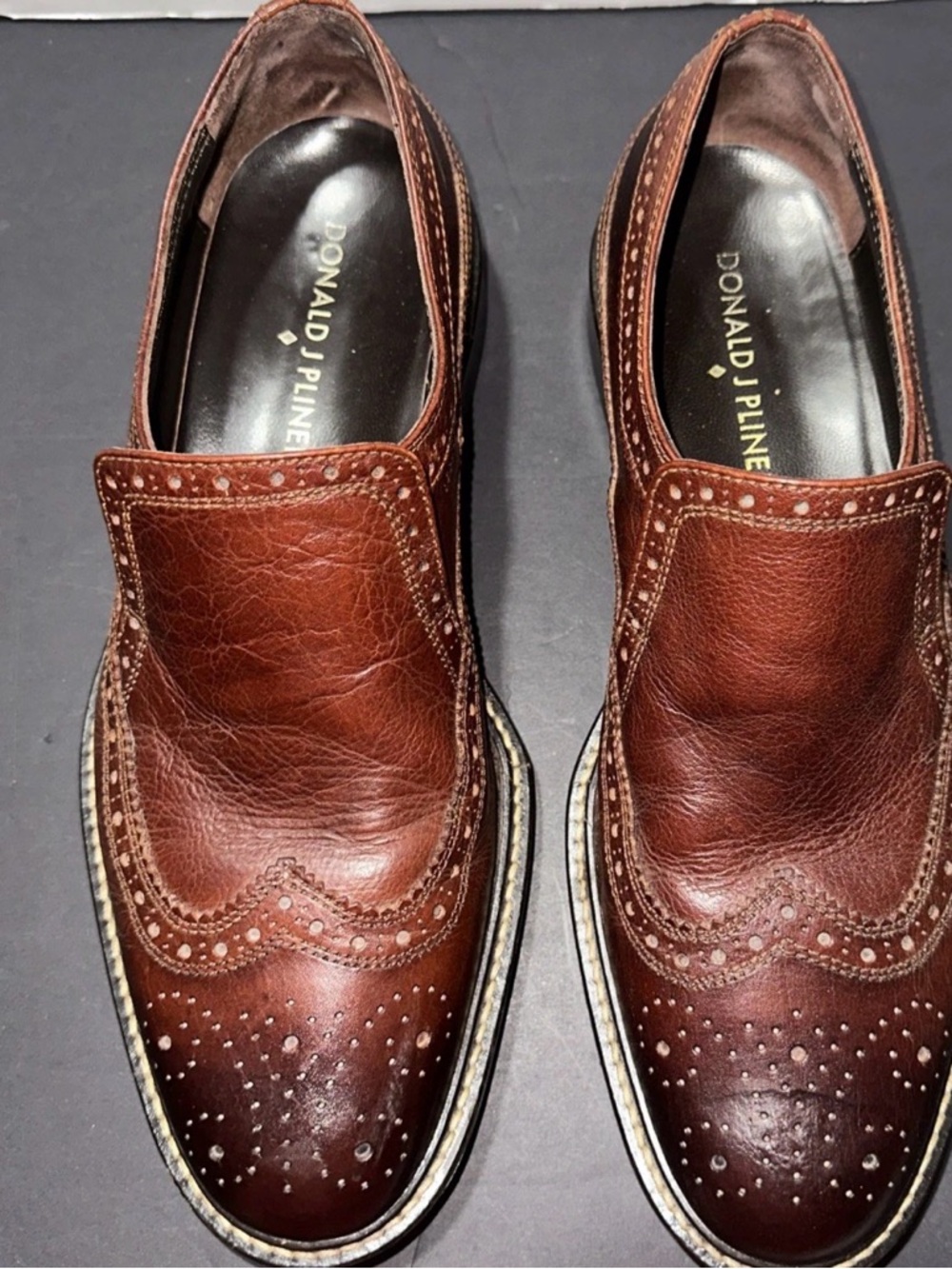 Donald J Pliner Brown HIDEXO Leather Wingtip Penny Loafers Men 9.5 M made Italy - Picture 9 of 9